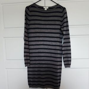 LOFT Black and Gray Striped Long Sleeve Dress